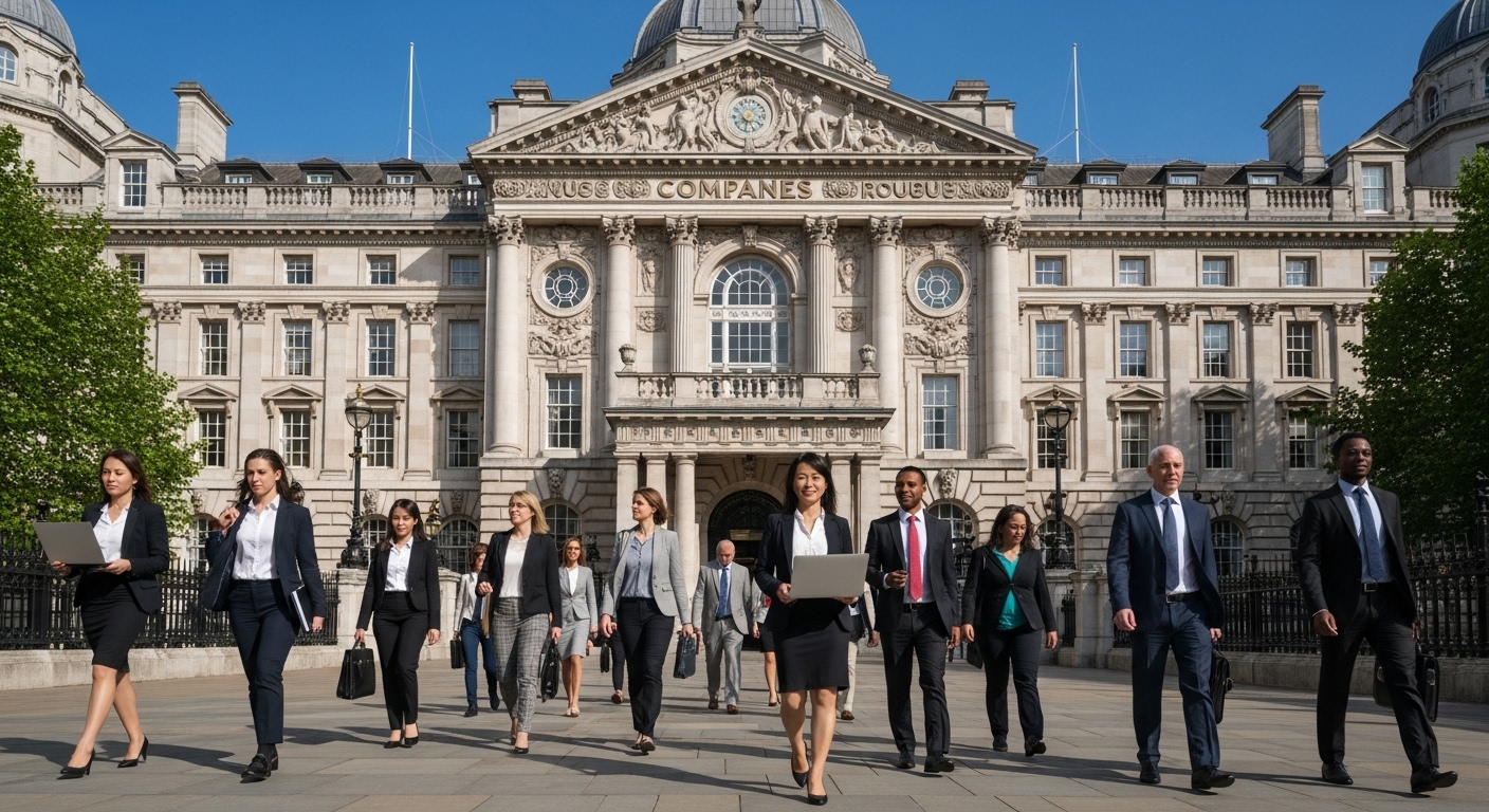 A detailed, photorealistic image of the historic Companies House building in London, with a modern, diverse group of business people in professional attire walking towards its entrance, symbolizing the legal registration process. The sky is clear and blue.