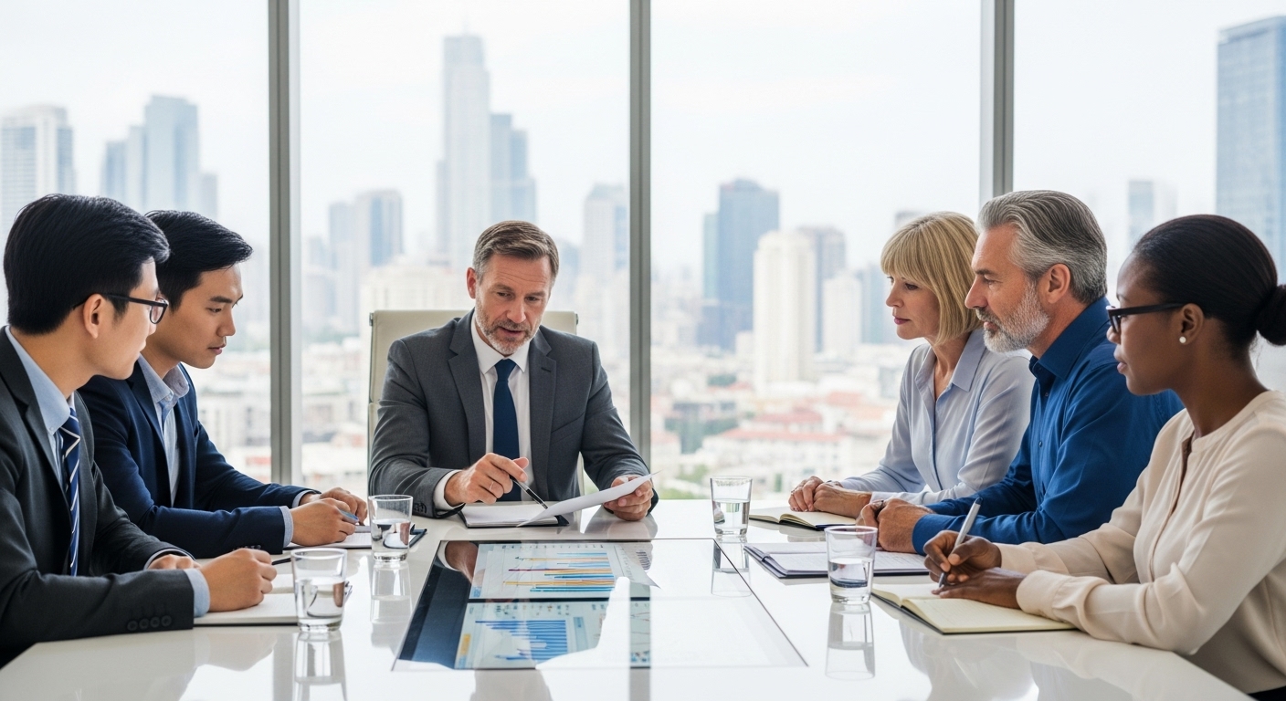 A diverse group of people from different nationalities, including a British couple, sitting around a table with a professional financial advisor. They are looking at charts and documents, engaged in a serious discussion about their global financial future. The setting is a modern, bright office with a large window showing a city skyline.