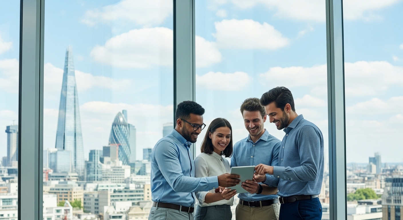 A diverse group of four expat entrepreneurs, two men and two women of various ethnicities, standing confidently in a modern, glass-walled office in London, smiling and looking at a tablet together, with city skyline visible in the background. The scene is bright and professional, conveying innovation and collaboration.