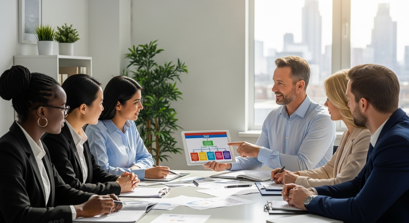 A diverse group of expat business owners in the UK, looking professional and engaged, gathered around a table with a tax advisor, discussing financial documents. The setting is a modern office, bright and professional. The advisor is pointing to a chart on a tablet, illustrating complex tax structures.