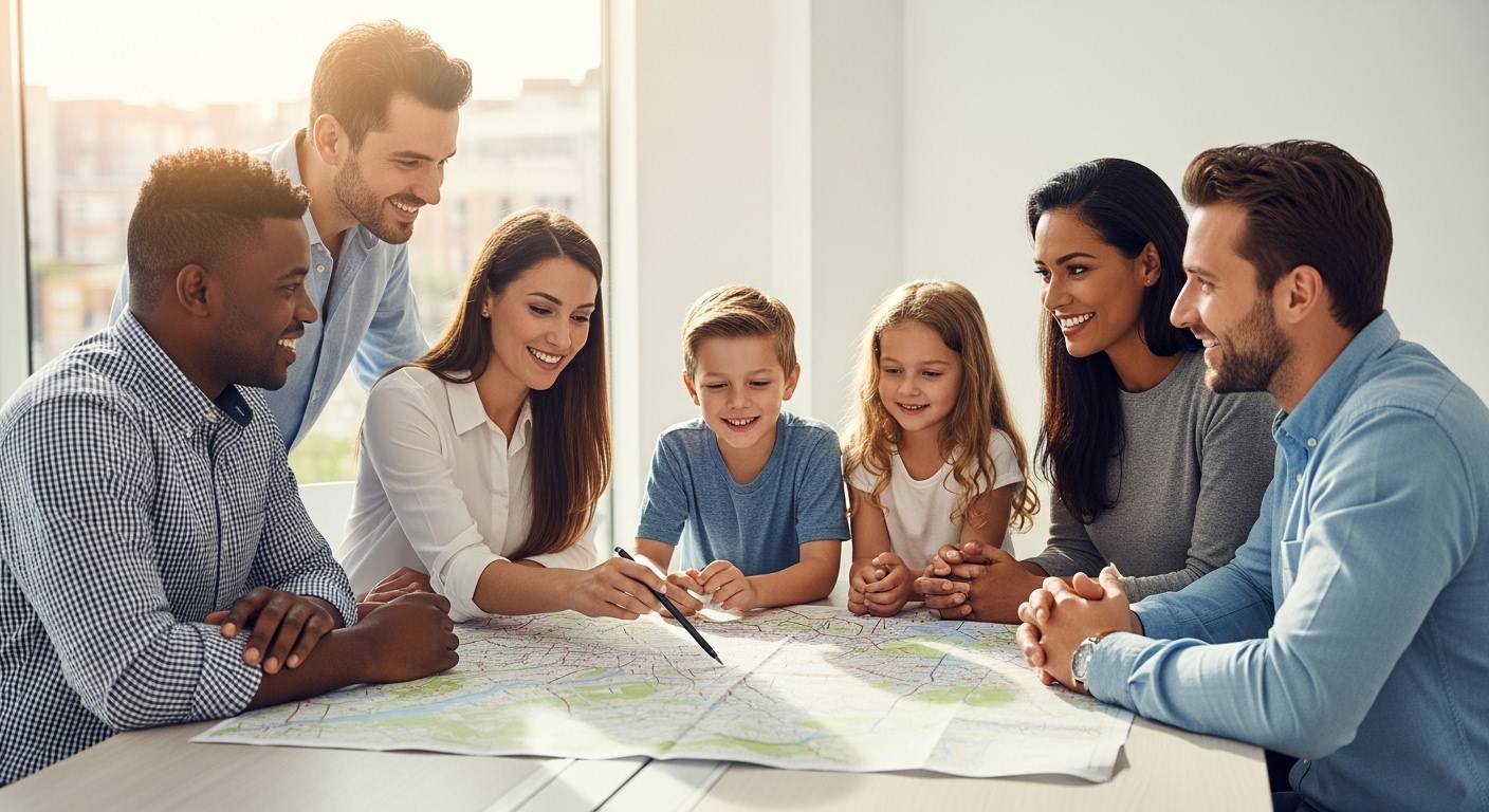 A professional, diverse team of relocation specialists smiling and interacting positively with an expat family (mother, father, two children) holding a map of London, pointing to a desirable residential area. The scene is bright, modern, and conveys a sense of trust and support. Photorealistic.
