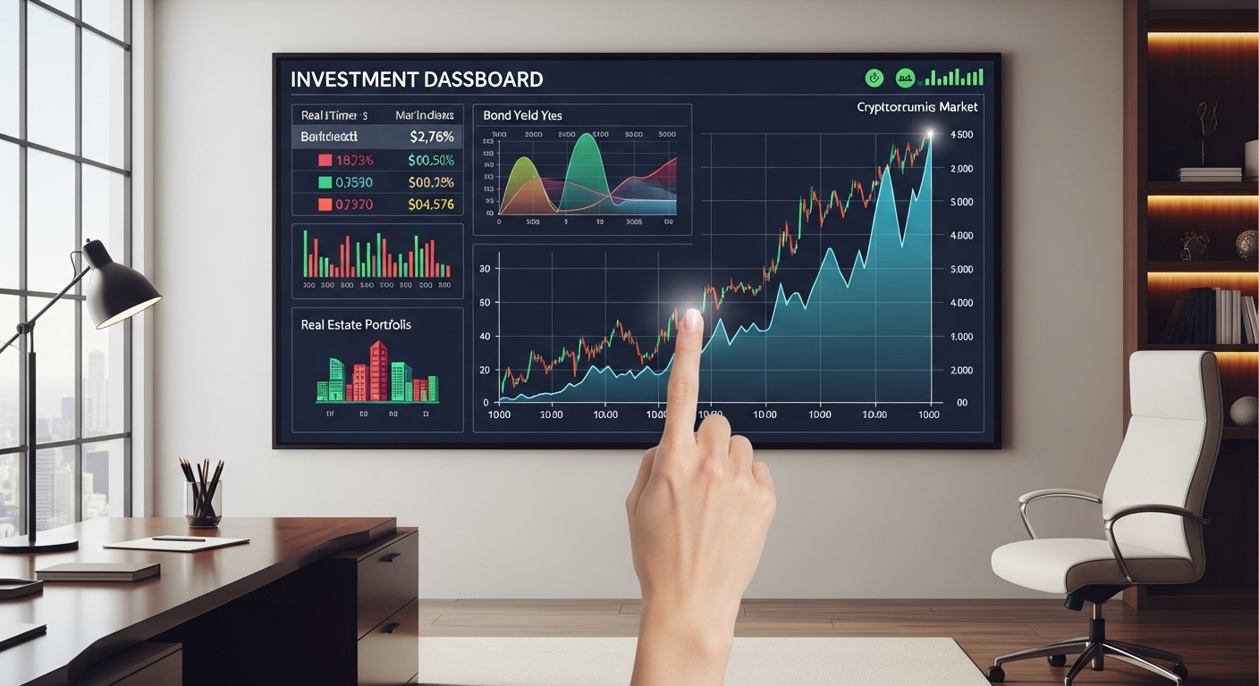 A diverse financial dashboard displaying various investment types like stocks, bonds, real estate symbols, and a cryptocurrency chart, with a hand pointing to a growth curve. The setting is a sleek, modern office.