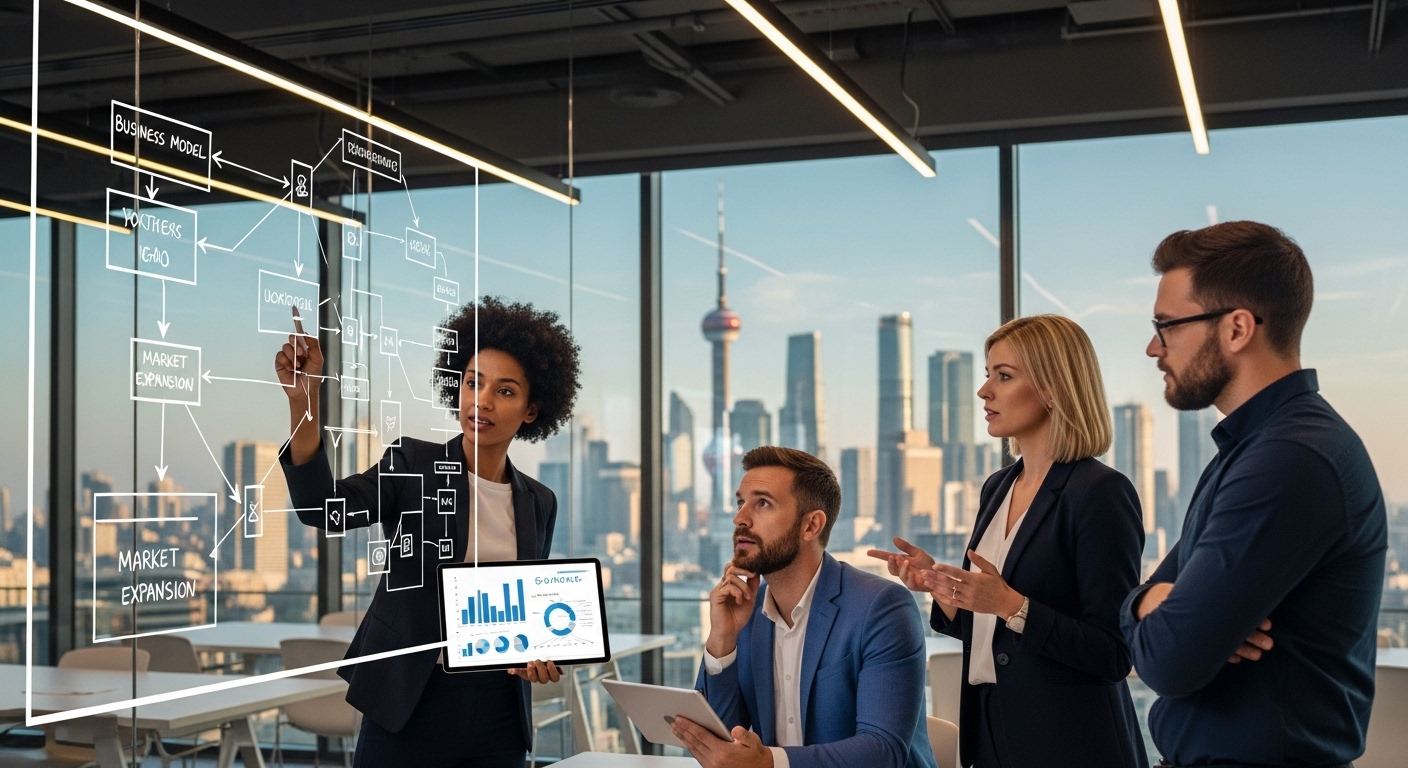 A diverse group of four professionals in a modern, glass-walled office, engaged in a dynamic brainstorming session. One person is sketching a business model on a transparent digital whiteboard, while another reviews financial projections on a tablet. The setting is vibrant and innovative, with a panoramic city view in the background, embodying strategic business planning and international collaboration.