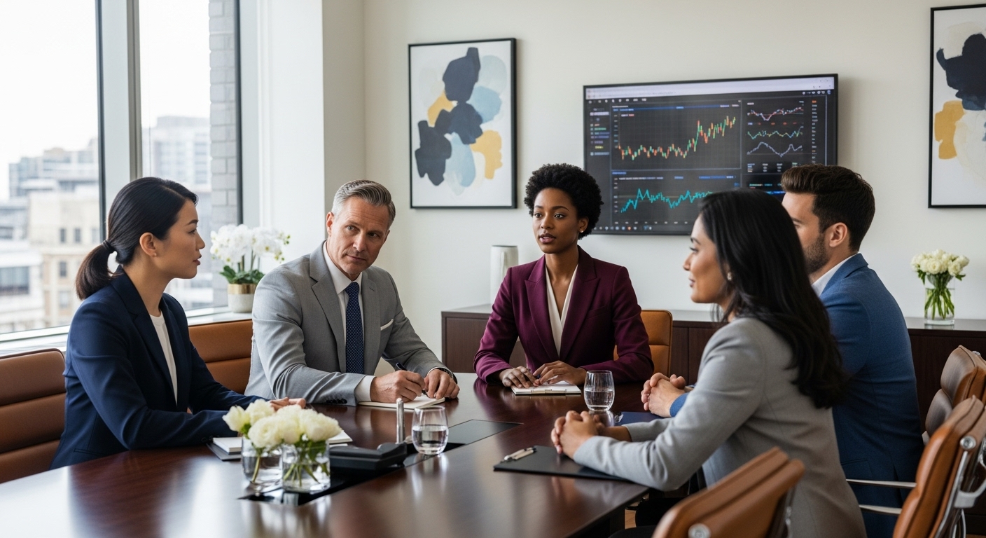A professional, diverse group of financial advisors in a modern, elegant office discussing financial strategies with an expat couple. The setting is bright and sophisticated, conveying trust and expertise in wealth management.