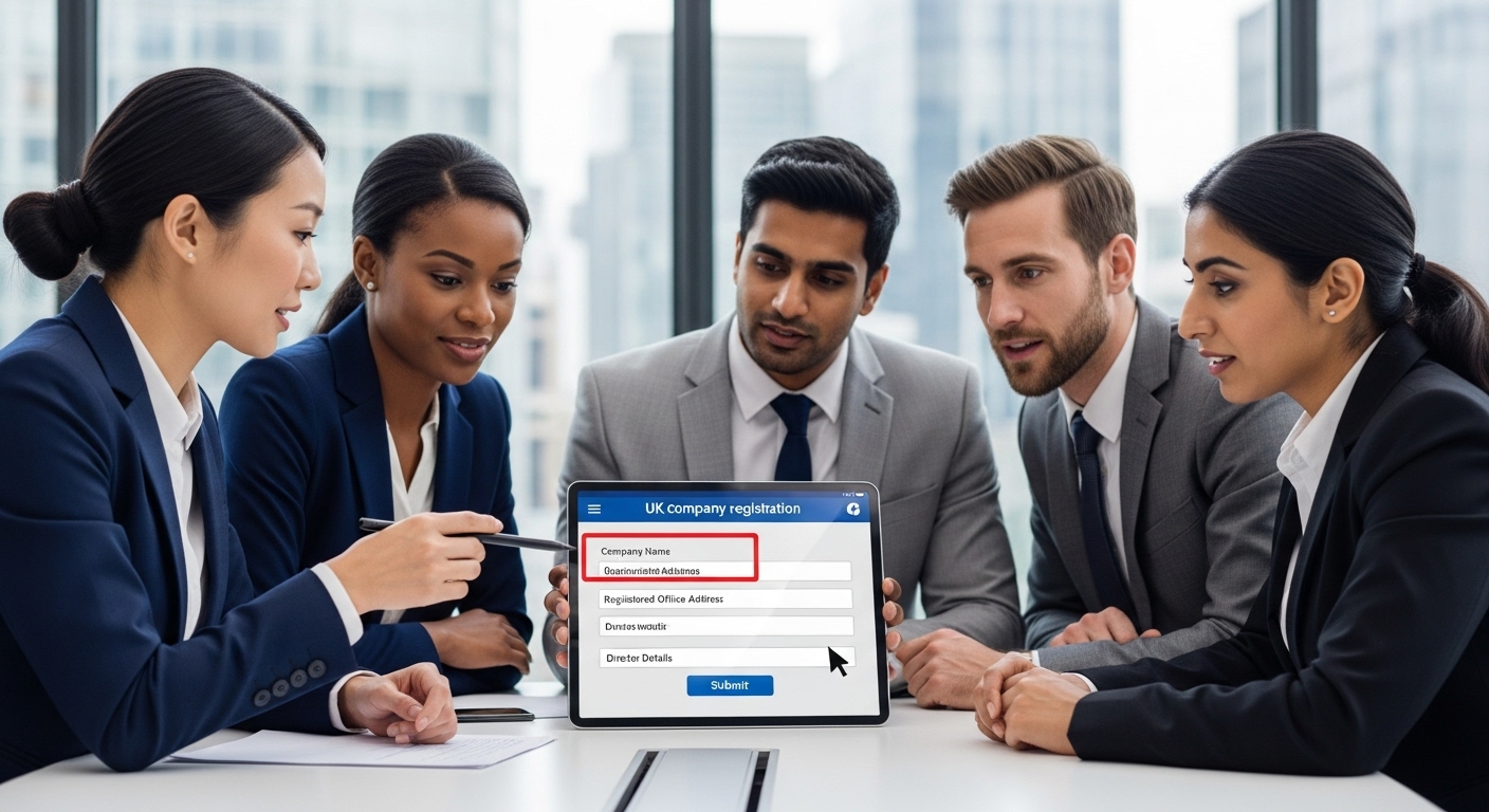 A diverse group of international business professionals in a modern office setting, looking at a digital tablet displaying UK company registration forms, symbolizing ease of business setup for non-residents. The image should be professional and forward-looking.