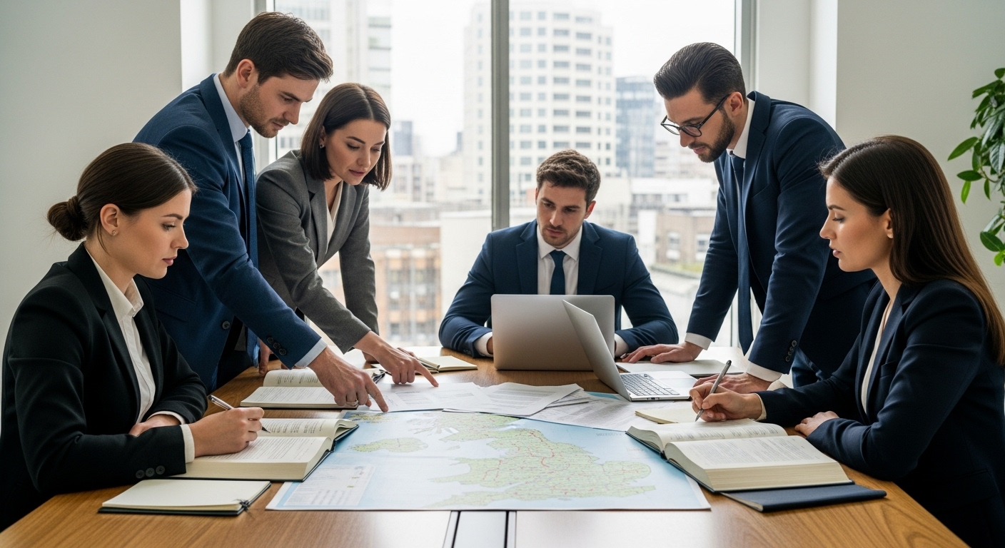 A diverse group of business professionals in a modern, light-filled office discussing complex legal documents and a UK map on a large table. They appear focused and determined, with laptops and legal texts scattered around, representing the complexity of UK business migration law.