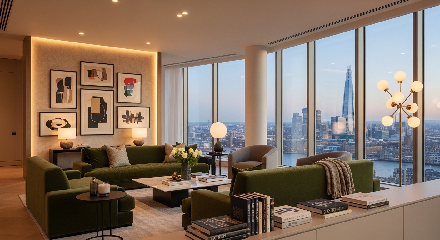 A stunning, photorealistic interior shot of a modern luxury penthouse living room in London, featuring floor-to-ceiling windows with a panoramic city view, bespoke designer furniture, contemporary art, and sophisticated ambient lighting, showcasing elegance and comfort.