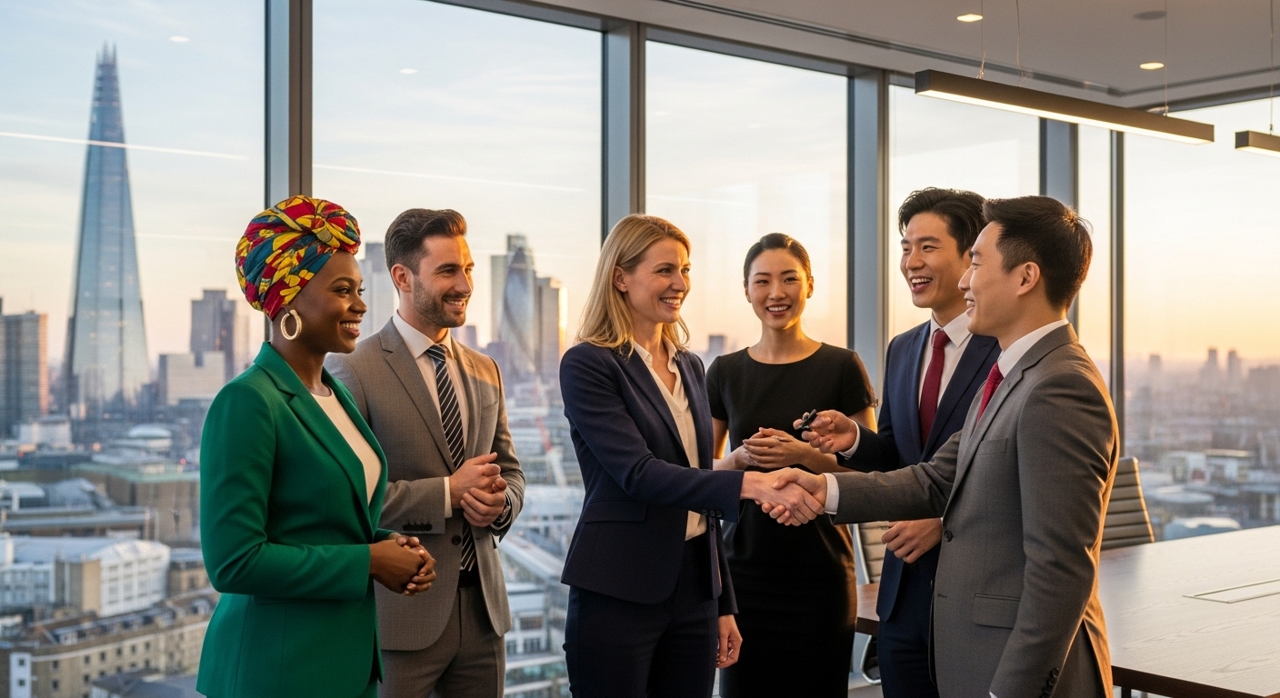 A detailed, photorealistic image of a diverse group of successful business professionals, including men and women of various ethnic backgrounds, smiling and shaking hands in a bright, modern office overlooking the London skyline at sunset. They are dressed in smart business attire, and the atmosphere is one of collaboration and achievement.