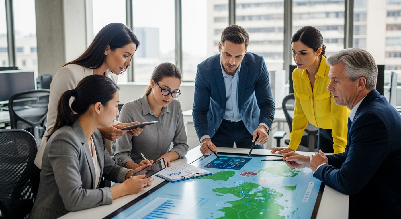 A diverse group of business professionals in a modern office setting, looking at charts and documents, having a focused discussion about business strategy and international market expansion. One person points at a global map on a screen. The scene should be professional and dynamic, with natural lighting.