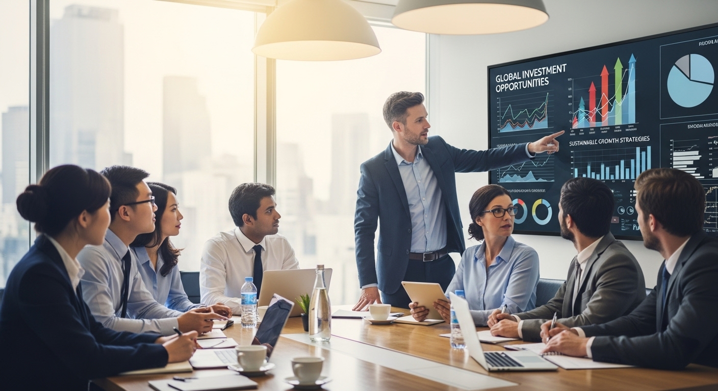 A diverse group of business professionals in a modern, brightly lit office space, engaged in a collaborative meeting around a conference table. One person is pointing at a digital screen displaying business growth charts and investment opportunities. The scene should convey innovation, collaboration, and international business. Photorealistic style.